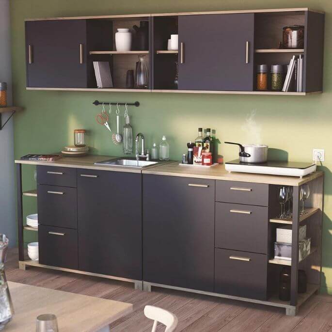 Meuble bas de cuisine moderne 120 cm chêne/noir Loft